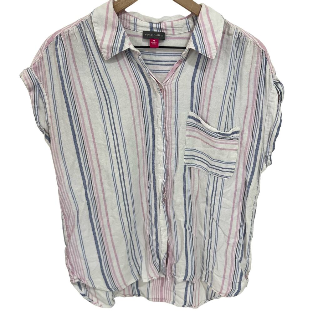 Vince Camuto Pink & Blue Stripes Linen Button Down Shirt Size Medium